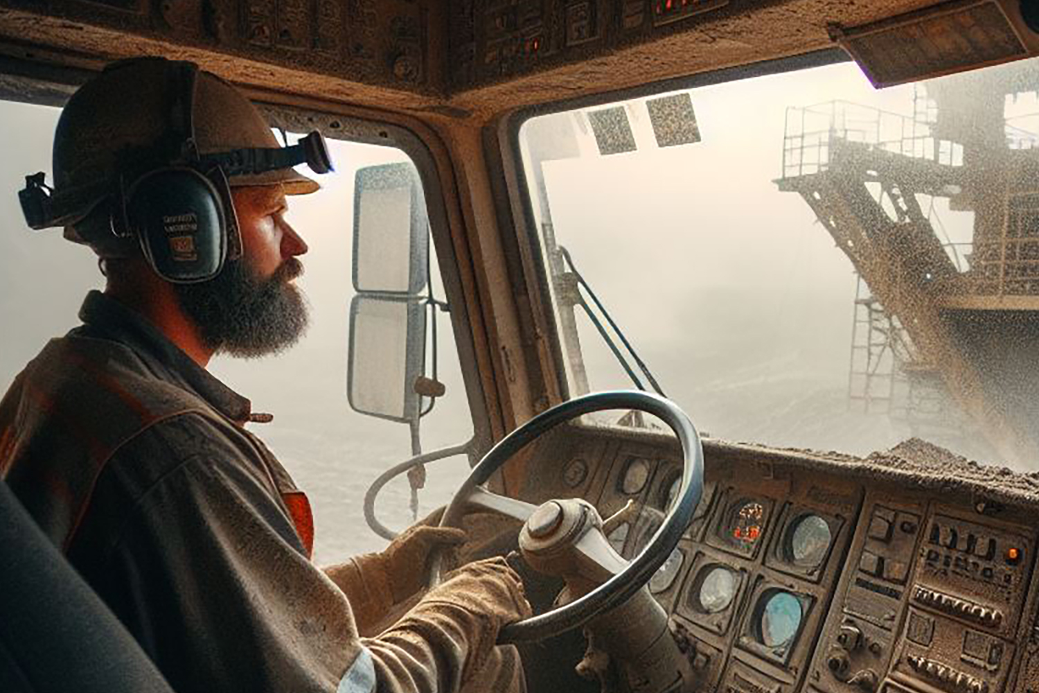 Driver in a mining-truck with a dusty cabin