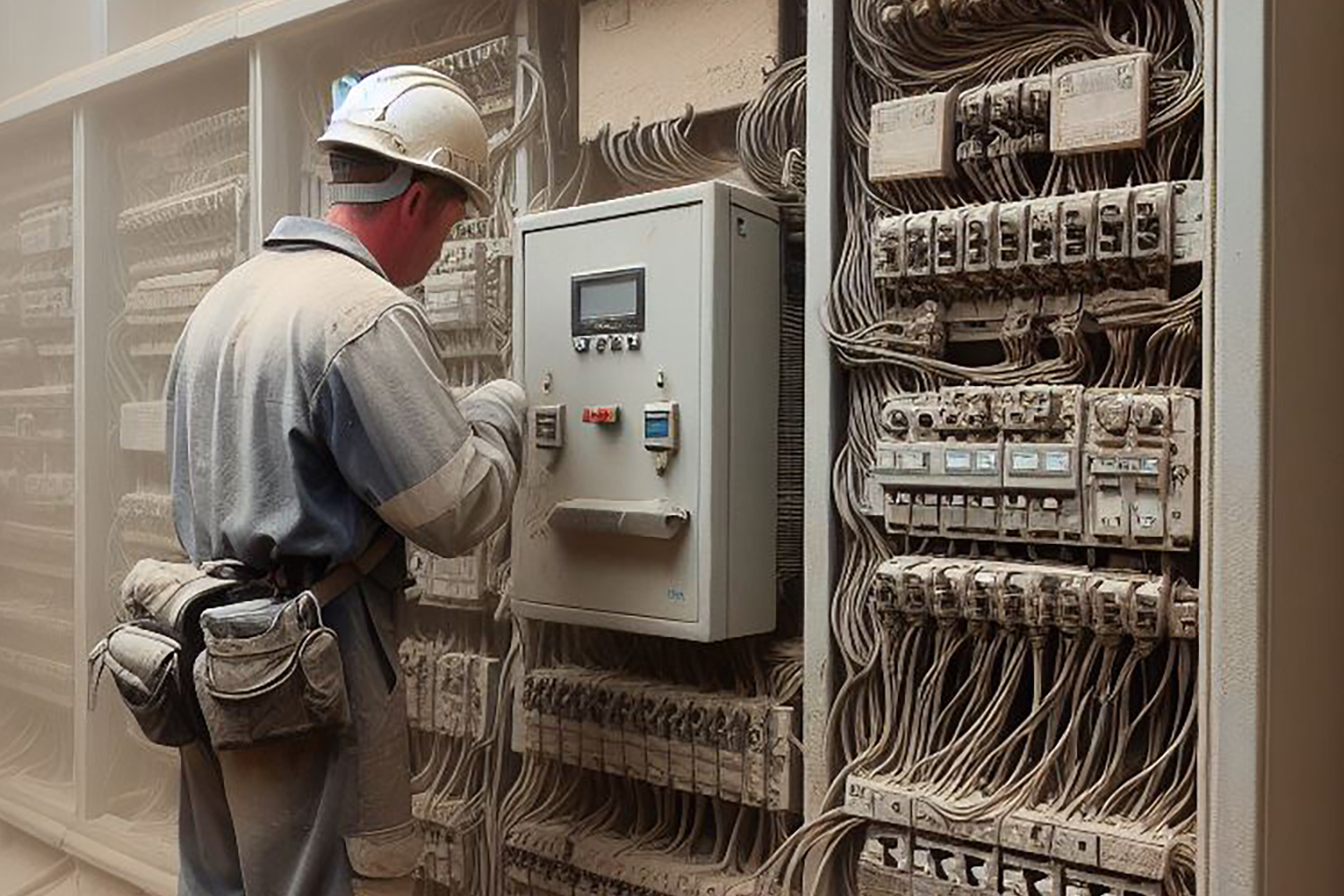 I&E engineer working on an electrical panel in a dusty environment