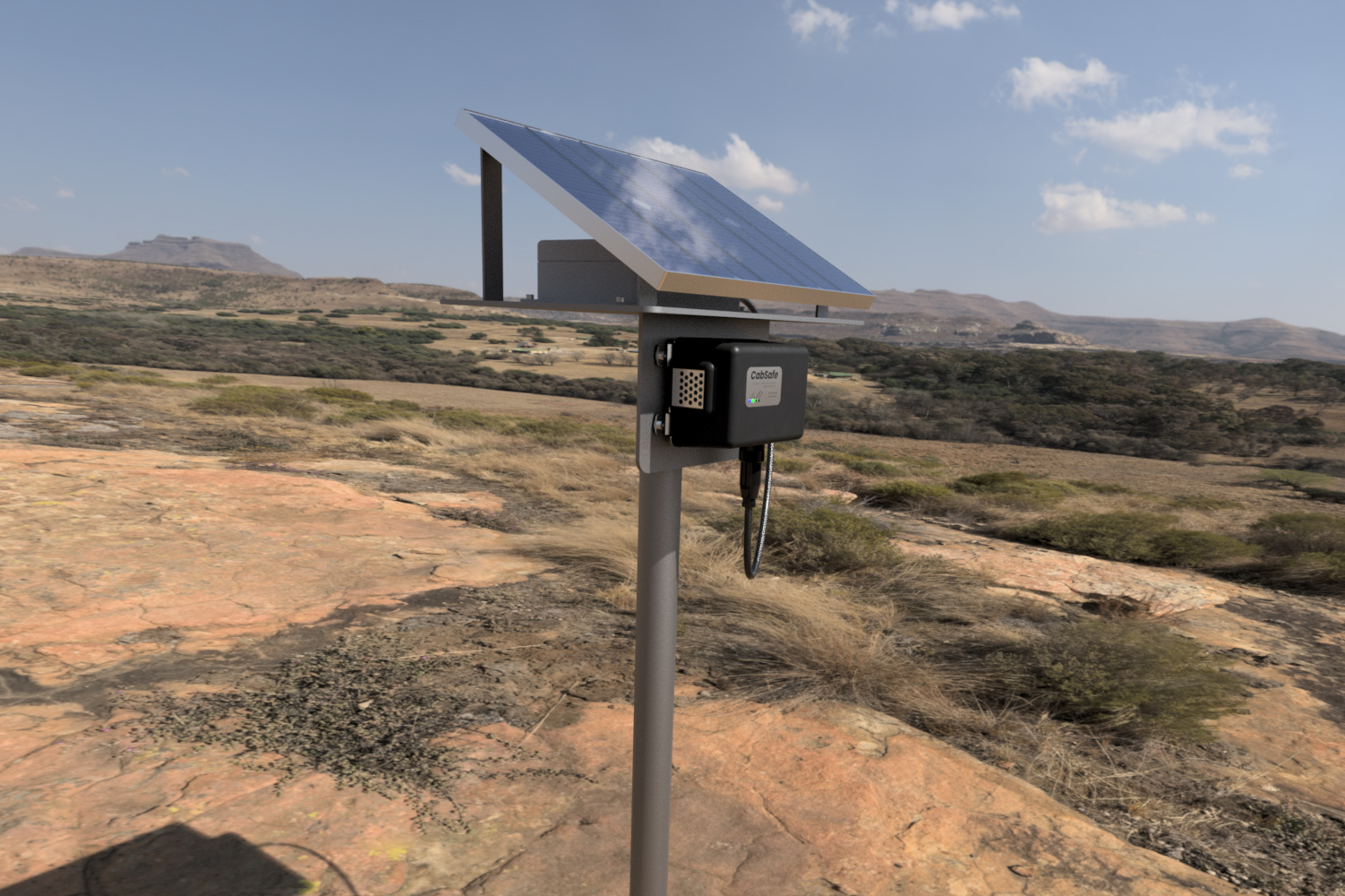 CabSafe installed onto a mounting-pole powered by a solar-panel in the Australian outback